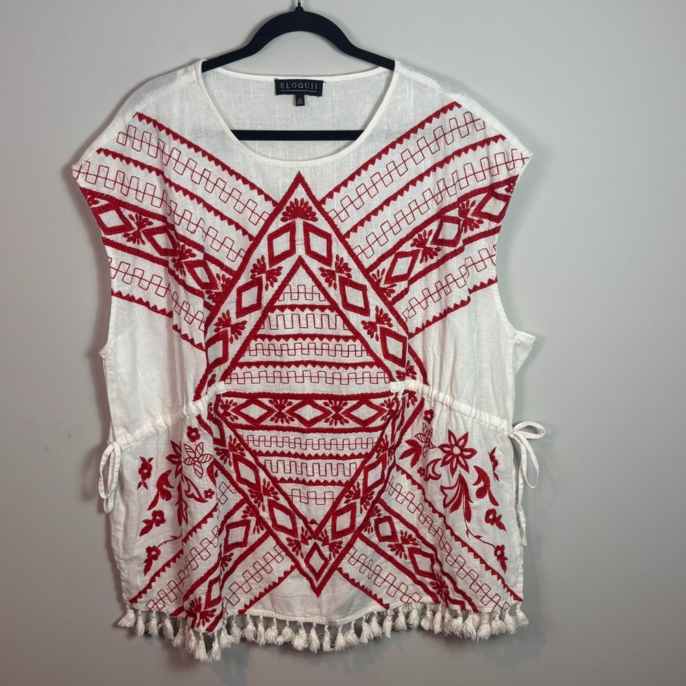 Eloquii Womens 100% Cotton Red White Embroidered Tasse Boho Southwestern Top 22